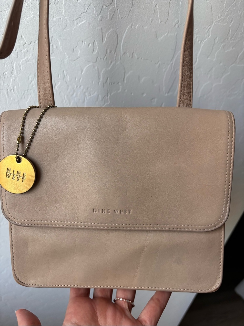 Nine West Taupe Leather Crossbody Bag with Gold Charm